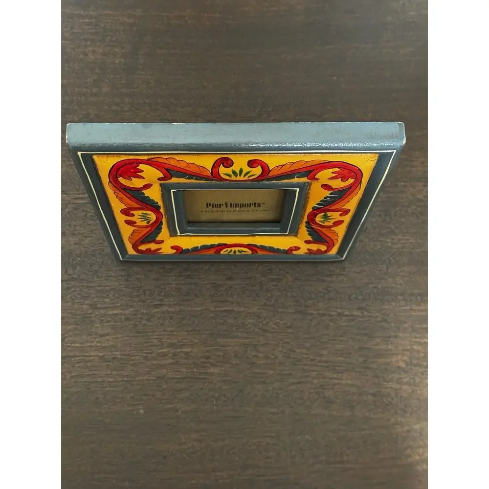 Pier 1 Imports Wooden Picture Frame Square Folk Art Boho Colorful Distressed